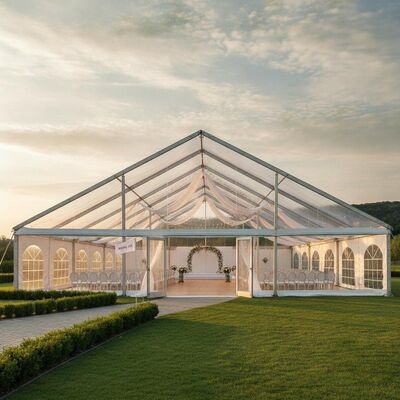 Купить Коммерческий Clear Span Aluminum Frame Party Tent NFPA 701 Огнеупорный ПВХ Американское место проведения свадебных мероприятий Производство в сети