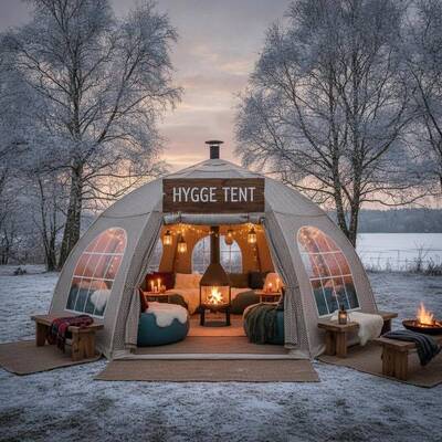 Датский Hygge Уютный Мероприятие Партия Палатка Маркиза Изолированная Теплая атмосфера Дизайн для Дании На улице общественные собрания
